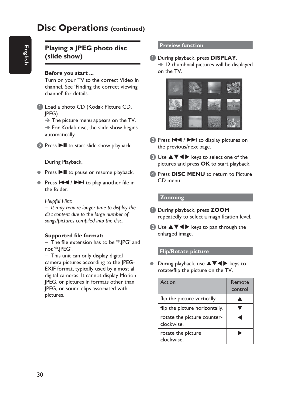 Disc operations, Playing a jpeg photo disc (slide show) | Philips DVP3982-F7B User Manual | Page 30 / 57