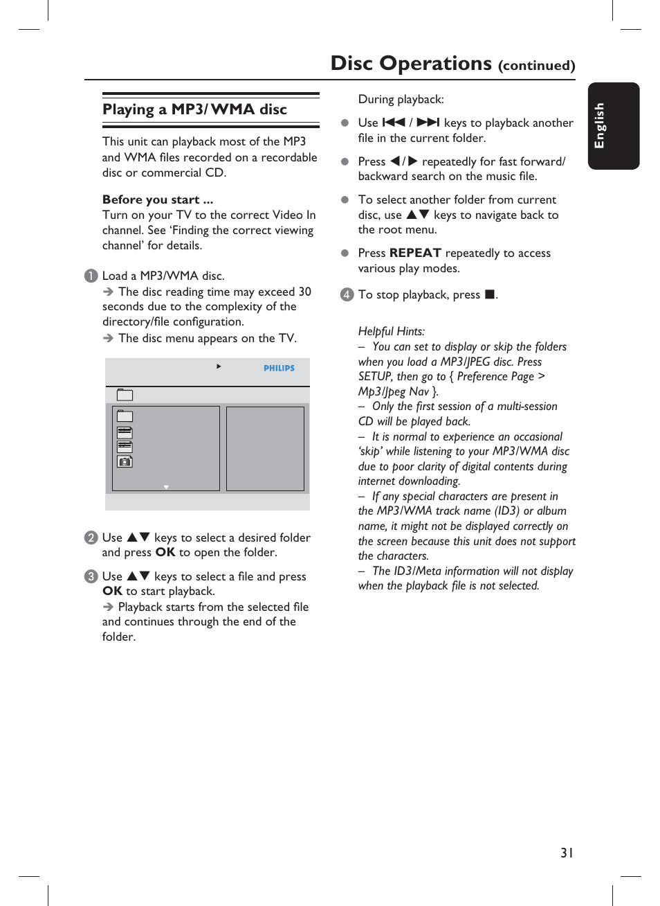 Disc operations, Playing a mp3/ wma disc | Philips DVP3982-F7B User Manual | Page 31 / 57