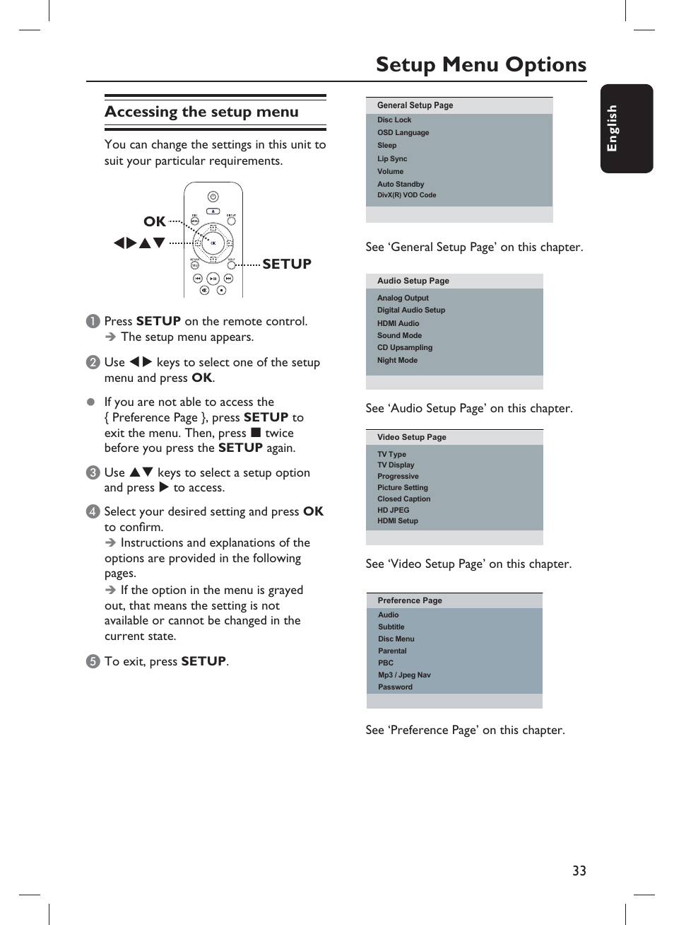 Setup menu options, Accessing the setup menu, Setup ok a | Philips DVP3982-F7B User Manual | Page 33 / 57
