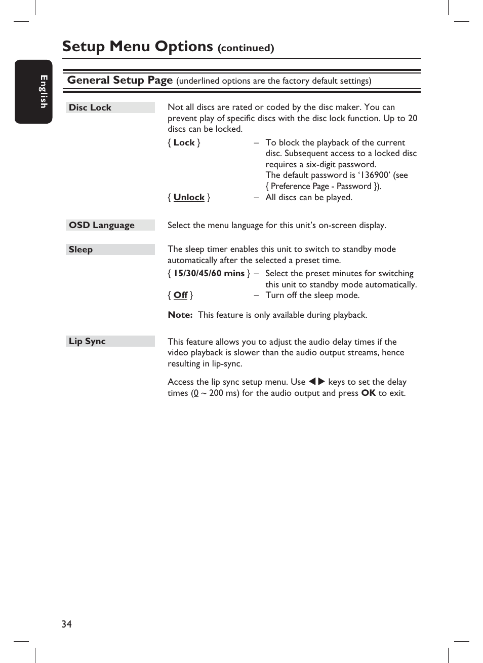 Setup menu options, General setup page | Philips DVP3982-F7B User Manual | Page 34 / 57