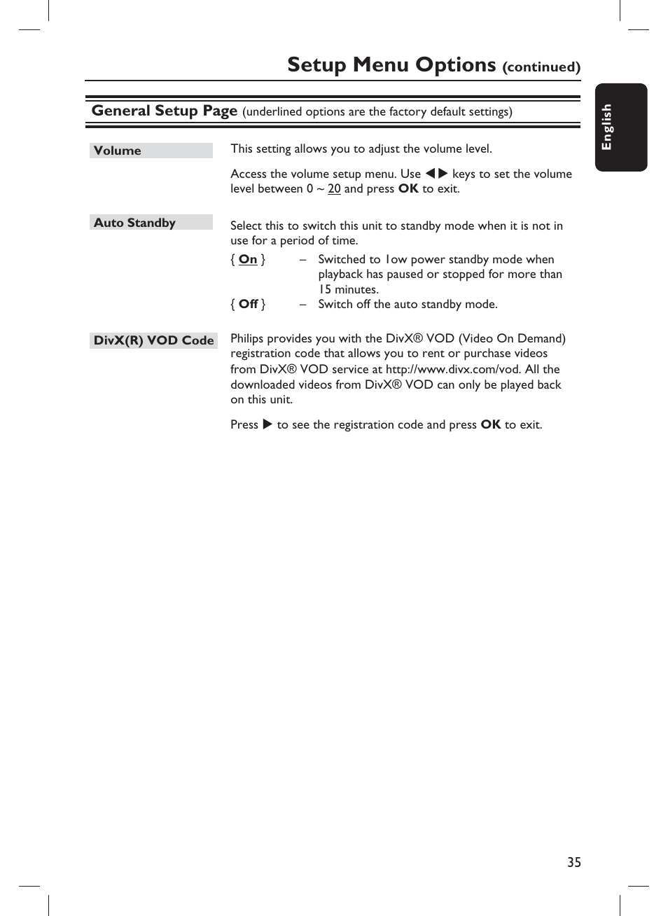 Setup menu options, General setup page | Philips DVP3982-F7B User Manual | Page 35 / 57