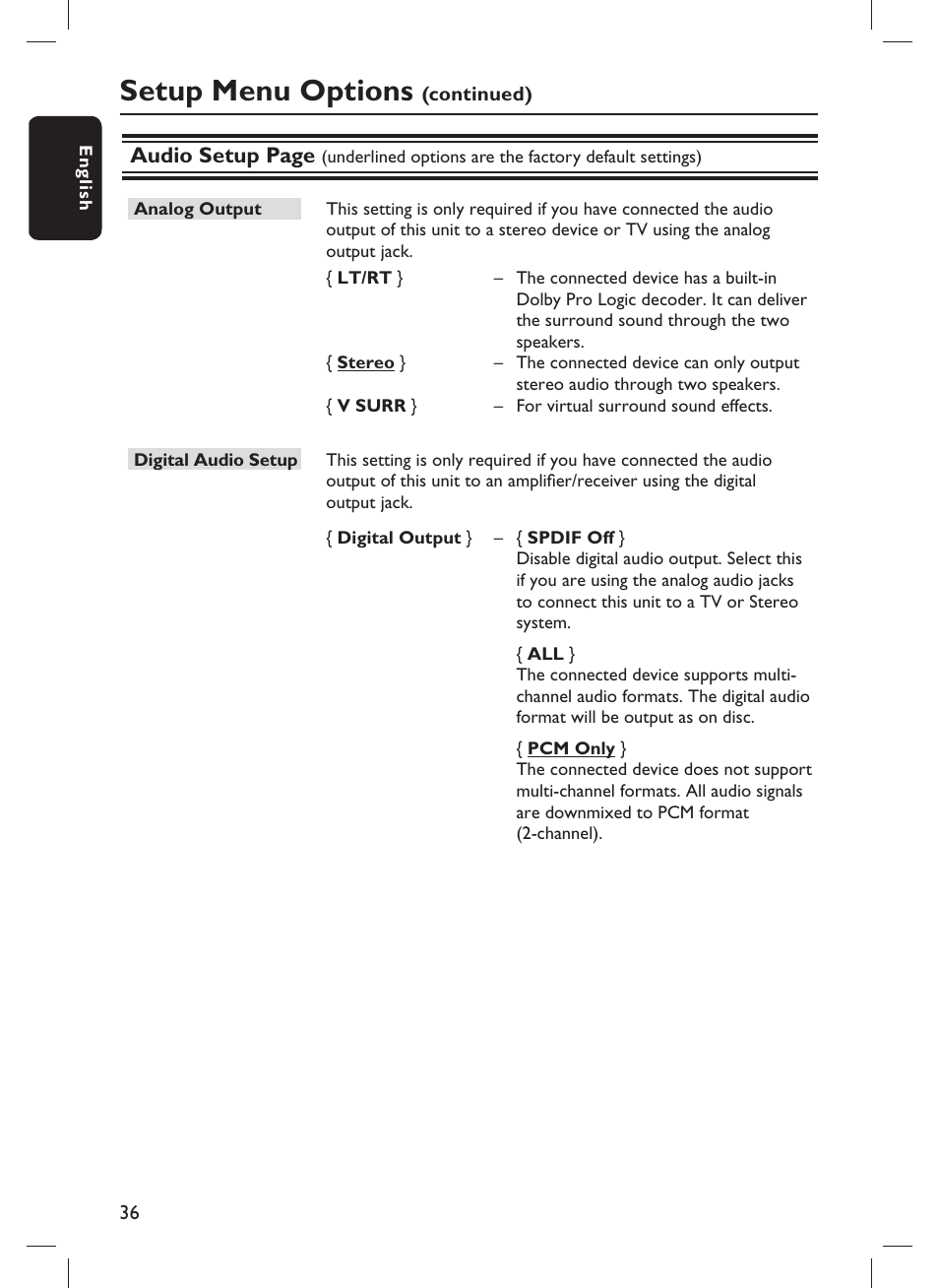 Setup menu options, Audio setup page | Philips DVP3982-F7B User Manual | Page 36 / 57