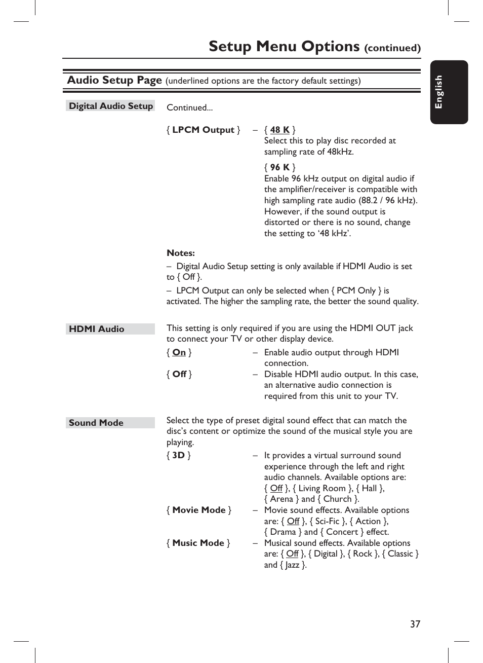 Setup menu options, Audio setup page | Philips DVP3982-F7B User Manual | Page 37 / 57