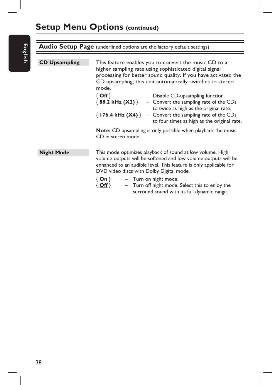 Setup menu options, Audio setup page | Philips DVP3982-F7B User Manual | Page 38 / 57