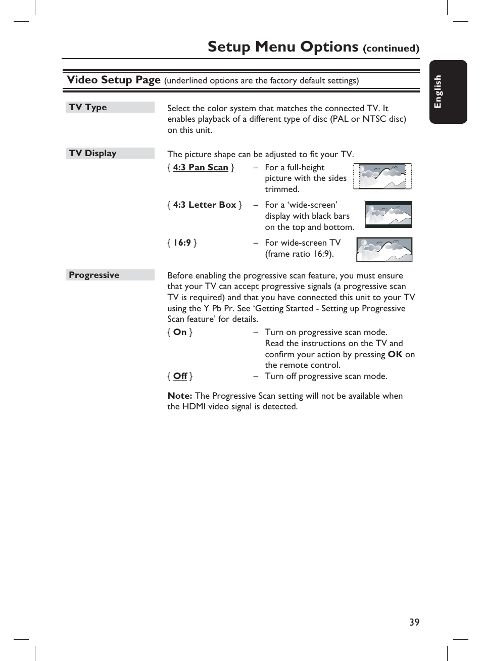 Setup menu options, Video setup page | Philips DVP3982-F7B User Manual | Page 39 / 57