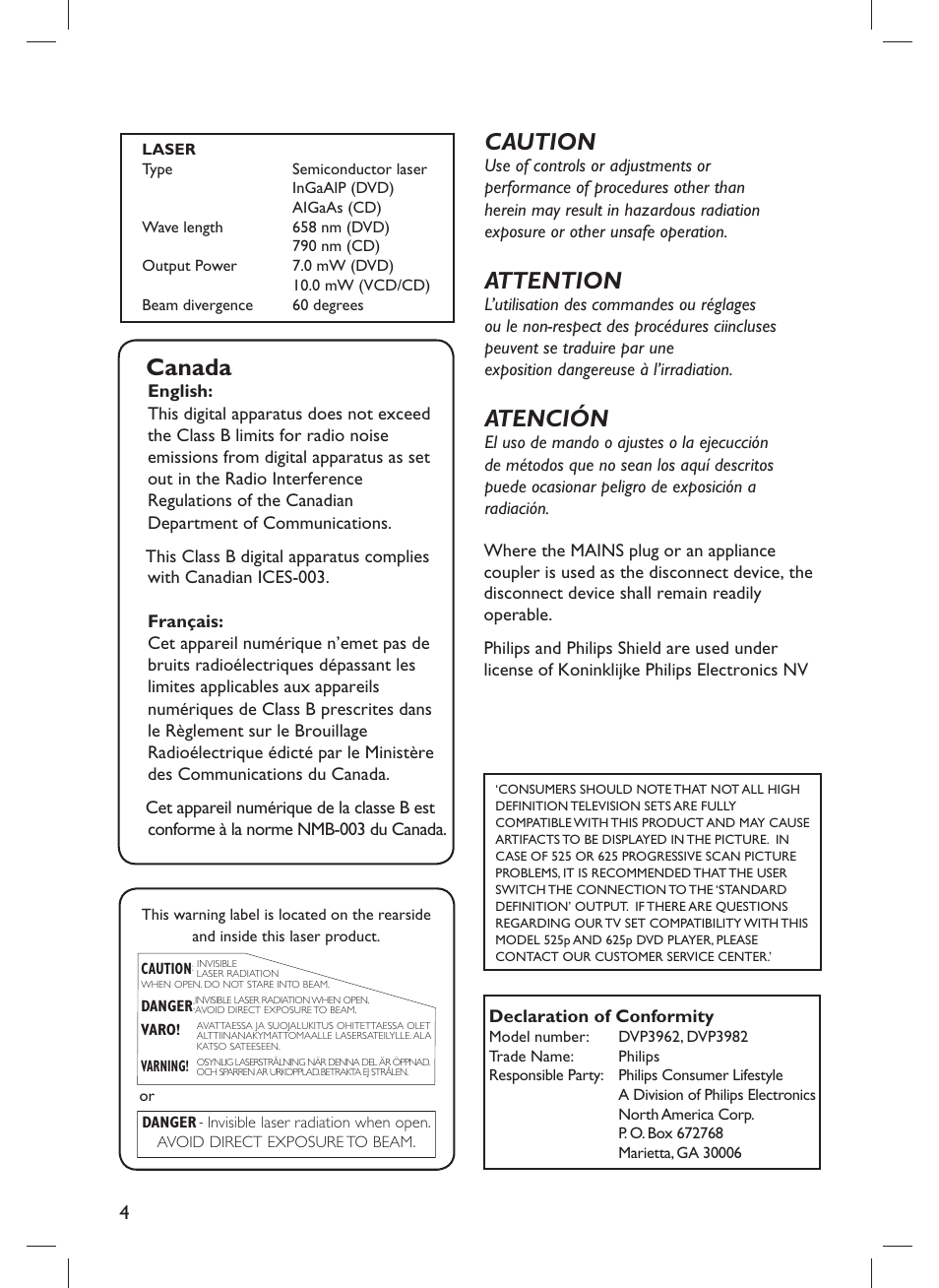 Canada, Caution, Attention | Atención | Philips DVP3982-F7B User Manual | Page 4 / 57