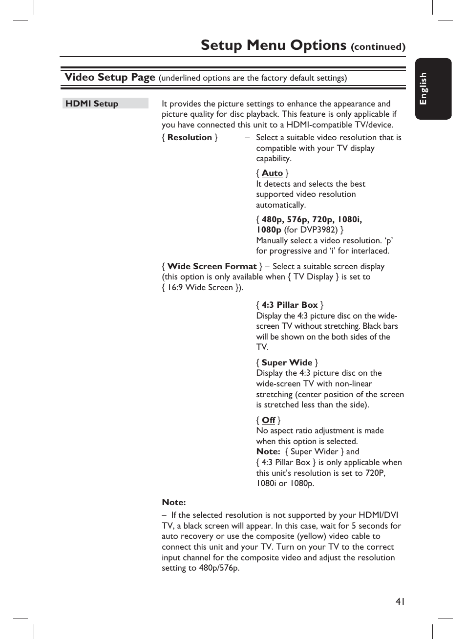 Setup menu options, Video setup page | Philips DVP3982-F7B User Manual | Page 41 / 57