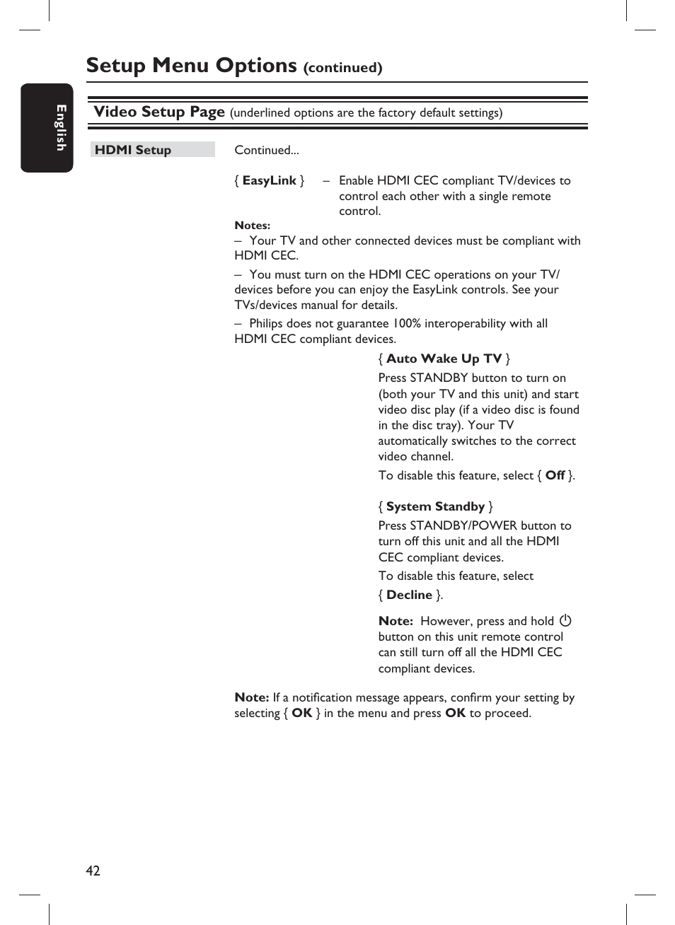 Setup menu options, Video setup page | Philips DVP3982-F7B User Manual | Page 42 / 57