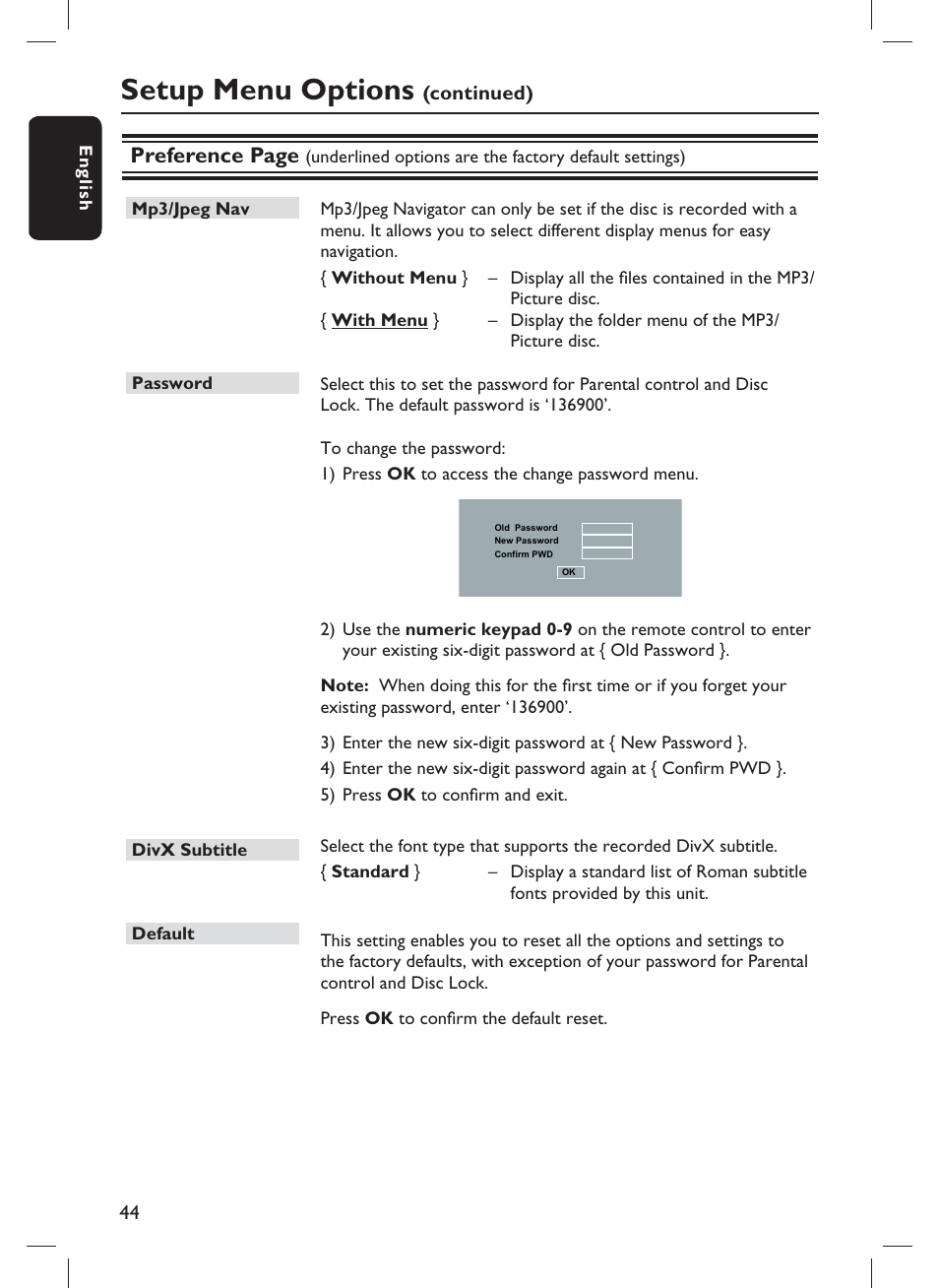 Setup menu options, Preference page | Philips DVP3982-F7B User Manual | Page 44 / 57