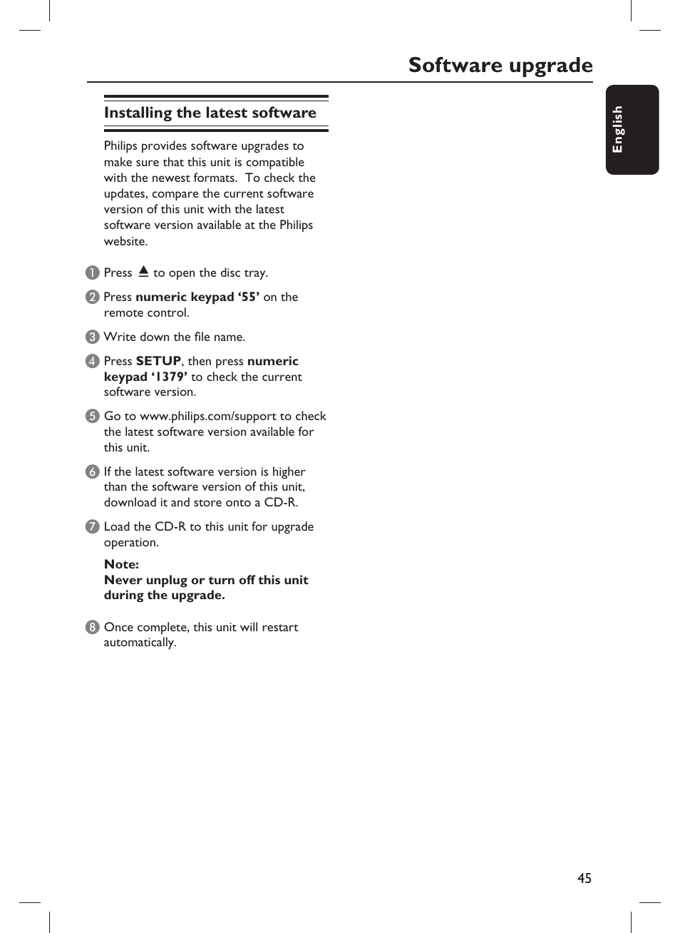 Software upgrade, Installing the latest software | Philips DVP3982-F7B User Manual | Page 45 / 57