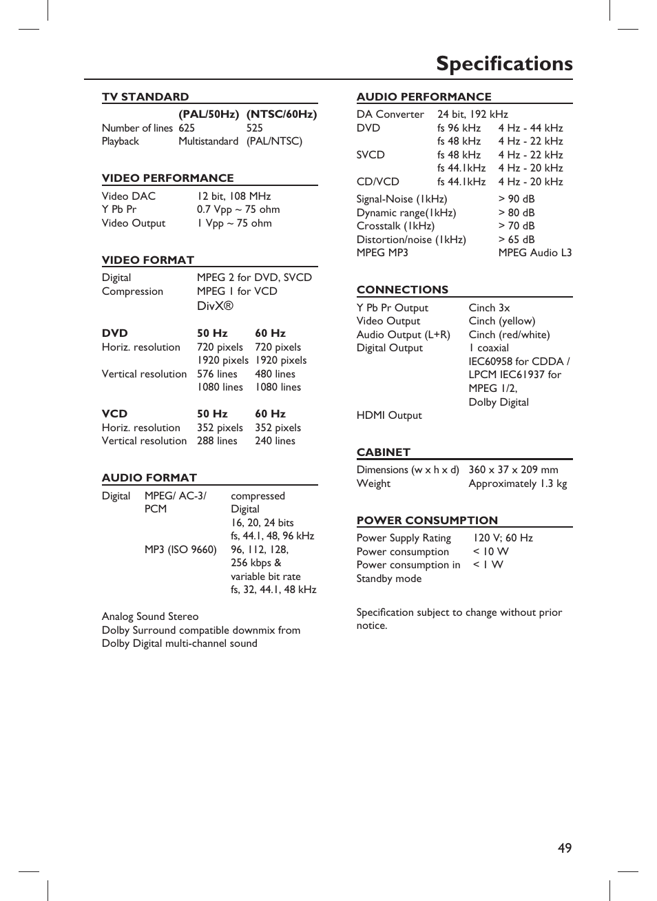 Specifi cations | Philips DVP3982-F7B User Manual | Page 49 / 57