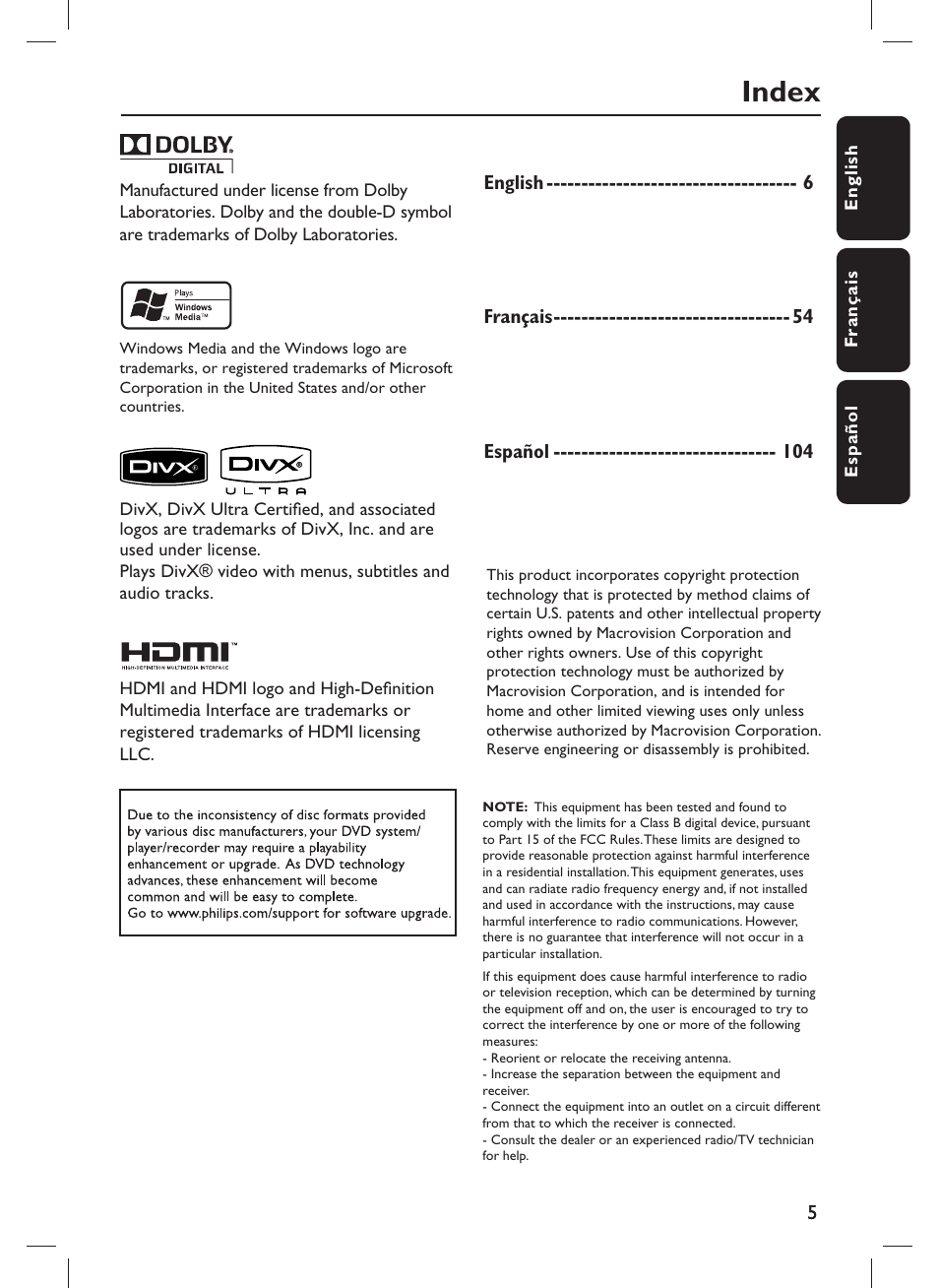 Index | Philips DVP3982-F7B User Manual | Page 5 / 57