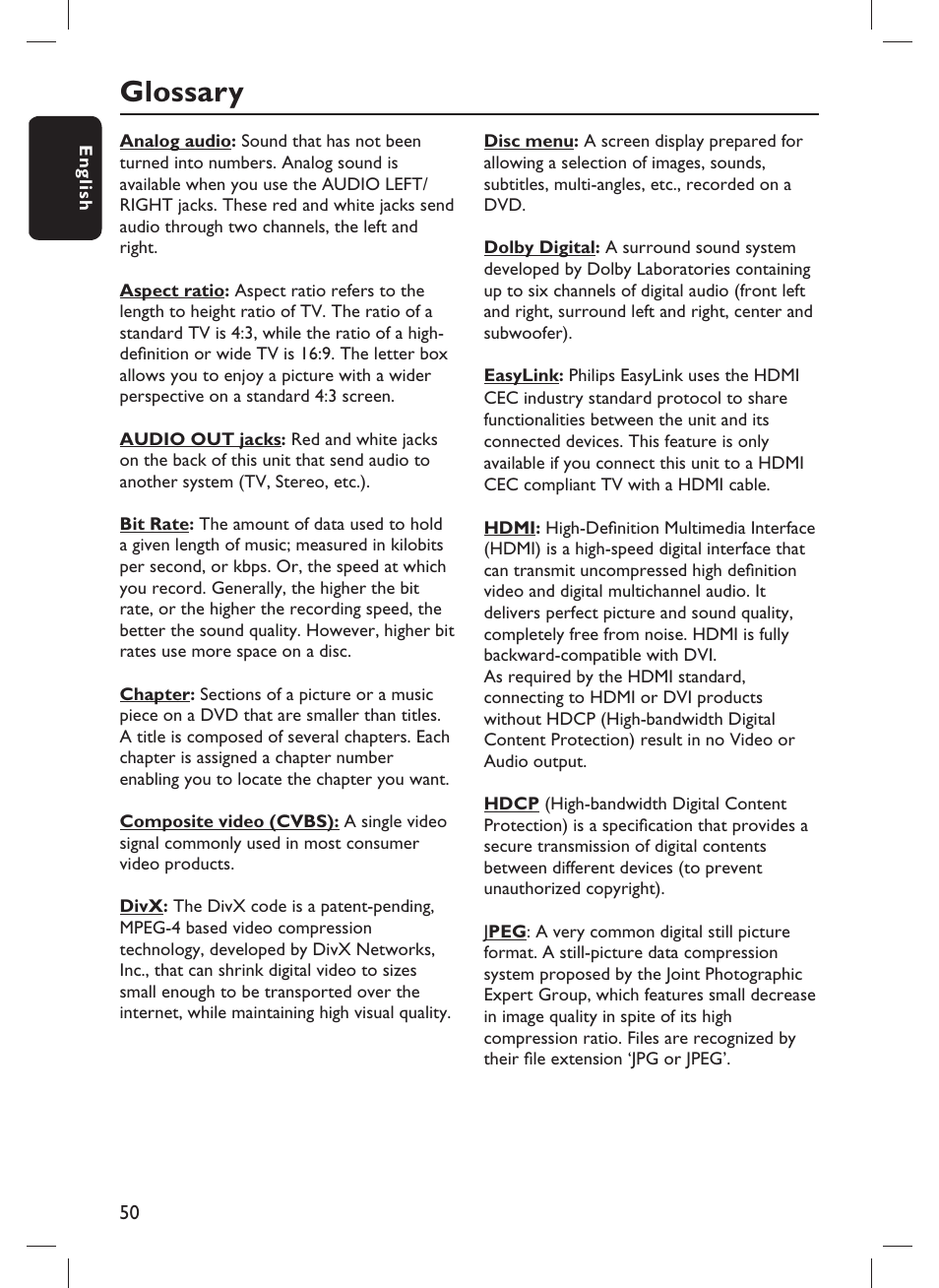 Glossary | Philips DVP3982-F7B User Manual | Page 50 / 57