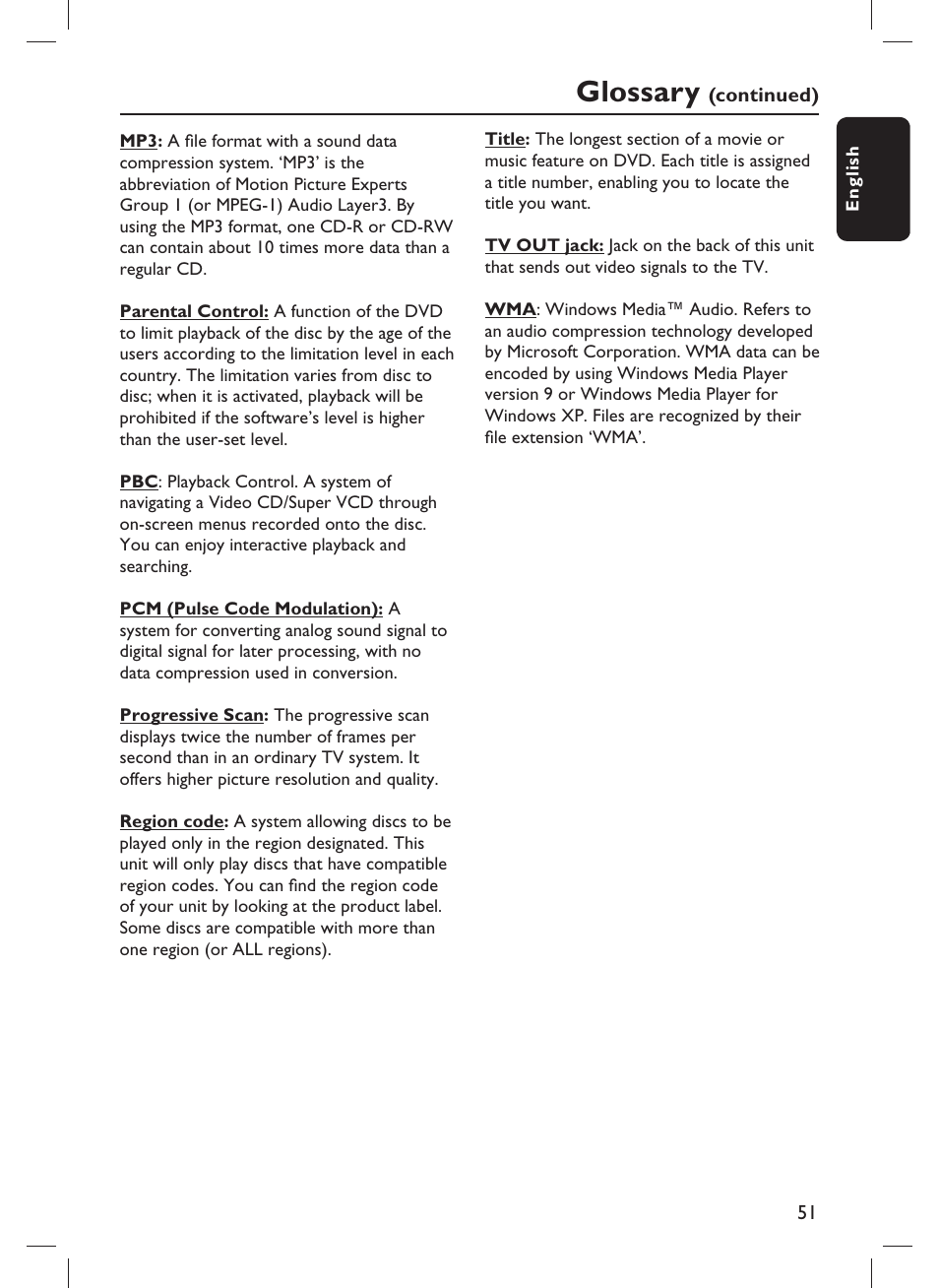 Glossary | Philips DVP3982-F7B User Manual | Page 51 / 57