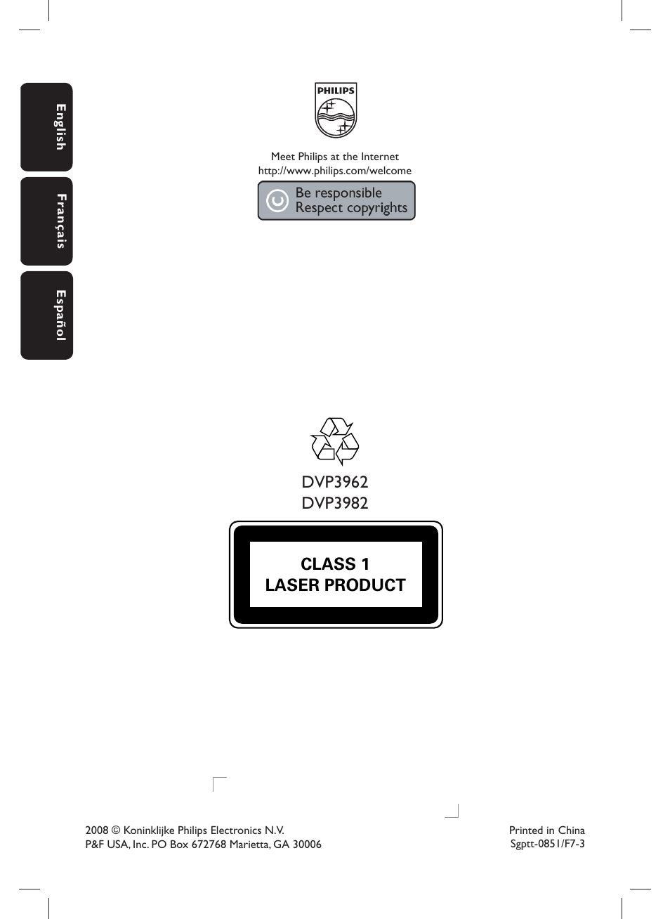 Class 1 laser product | Philips DVP3982-F7B User Manual | Page 57 / 57