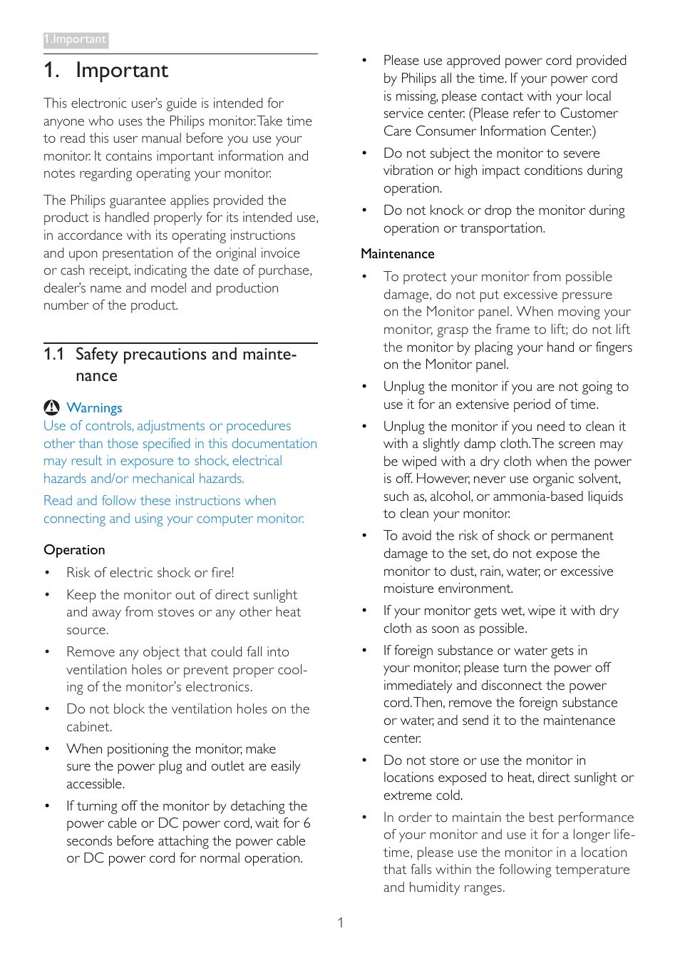 Important, 1 safety precautions and maintenance, 1 safety precautions and mainte- nance | Philips 221P3LPEB-00 User Manual | Page 3 / 47