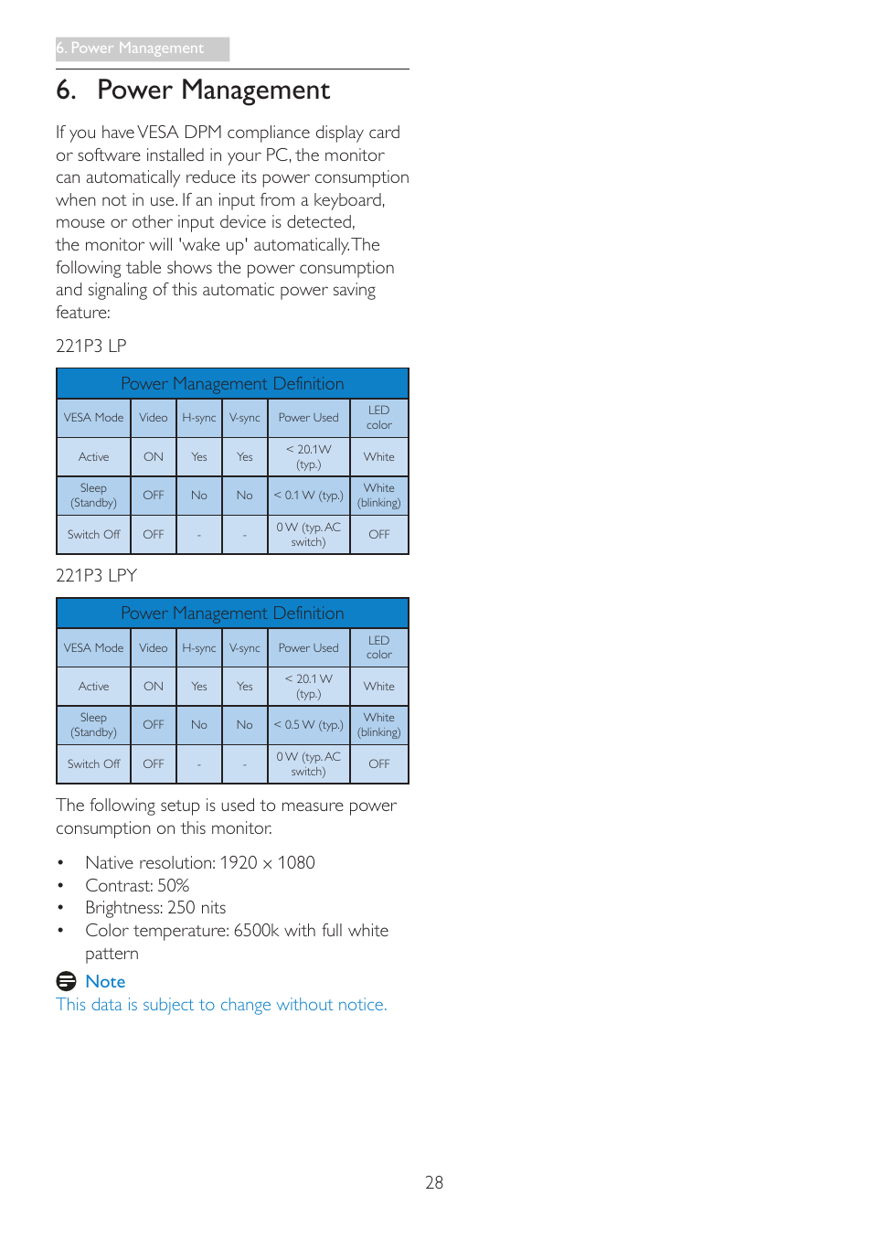 Power management, 221p3 lpy power management definition | Philips 221P3LPEB-00 User Manual | Page 30 / 47