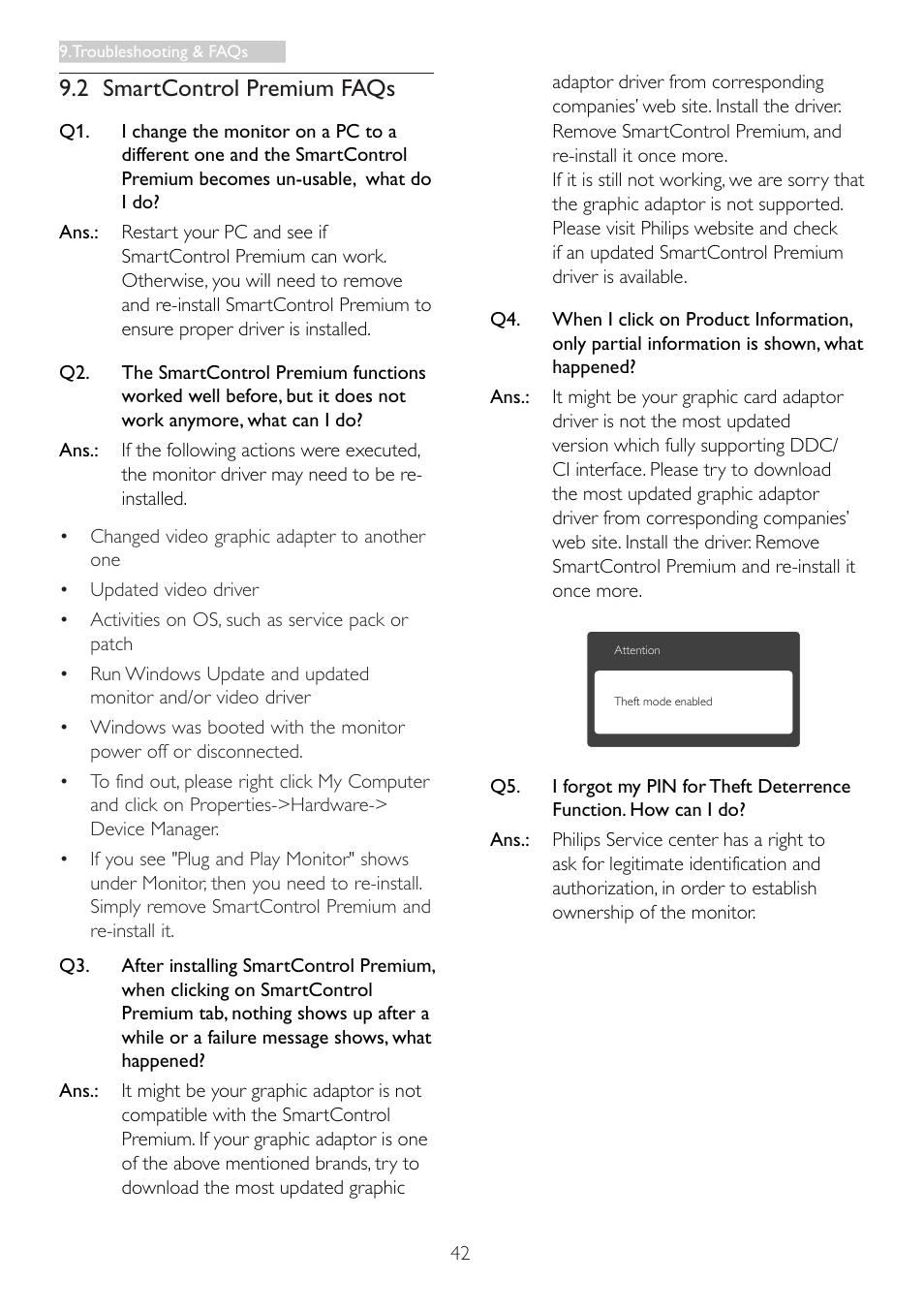 2 smartcontrol premium faqs, 3 general faqs, 2 smartcontrol premium faqs 9.3 general faqs | Philips 221P3LPEB-00 User Manual | Page 44 / 47