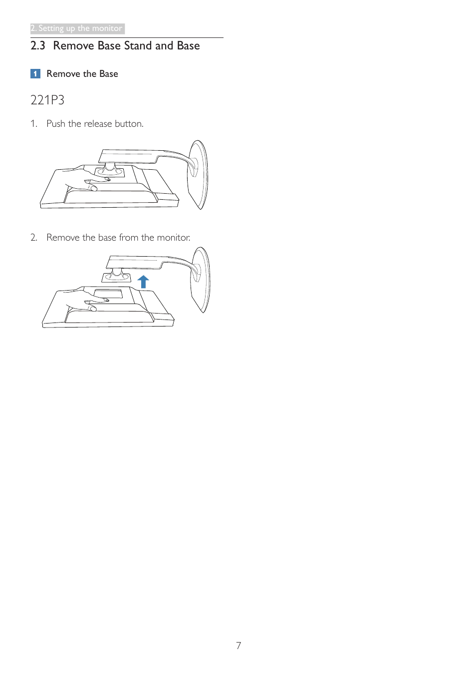 3 remove base stand and base, 221p3 | Philips 221P3LPEB-00 User Manual | Page 9 / 47