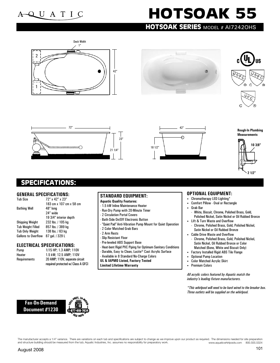 Aquatic HOTSOAK 55 AI7242OHS User Manual | 1 page