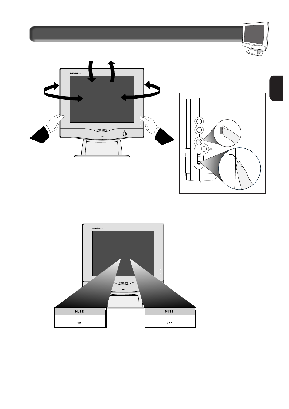 E n description of controls, Pedestal, Using the side panel brightness button | Using the side panel mute button, Using rotary knob for audio, Using the side panel osd button, Using the side panel auto button | Philips 151AX User Manual | Page 7 / 22