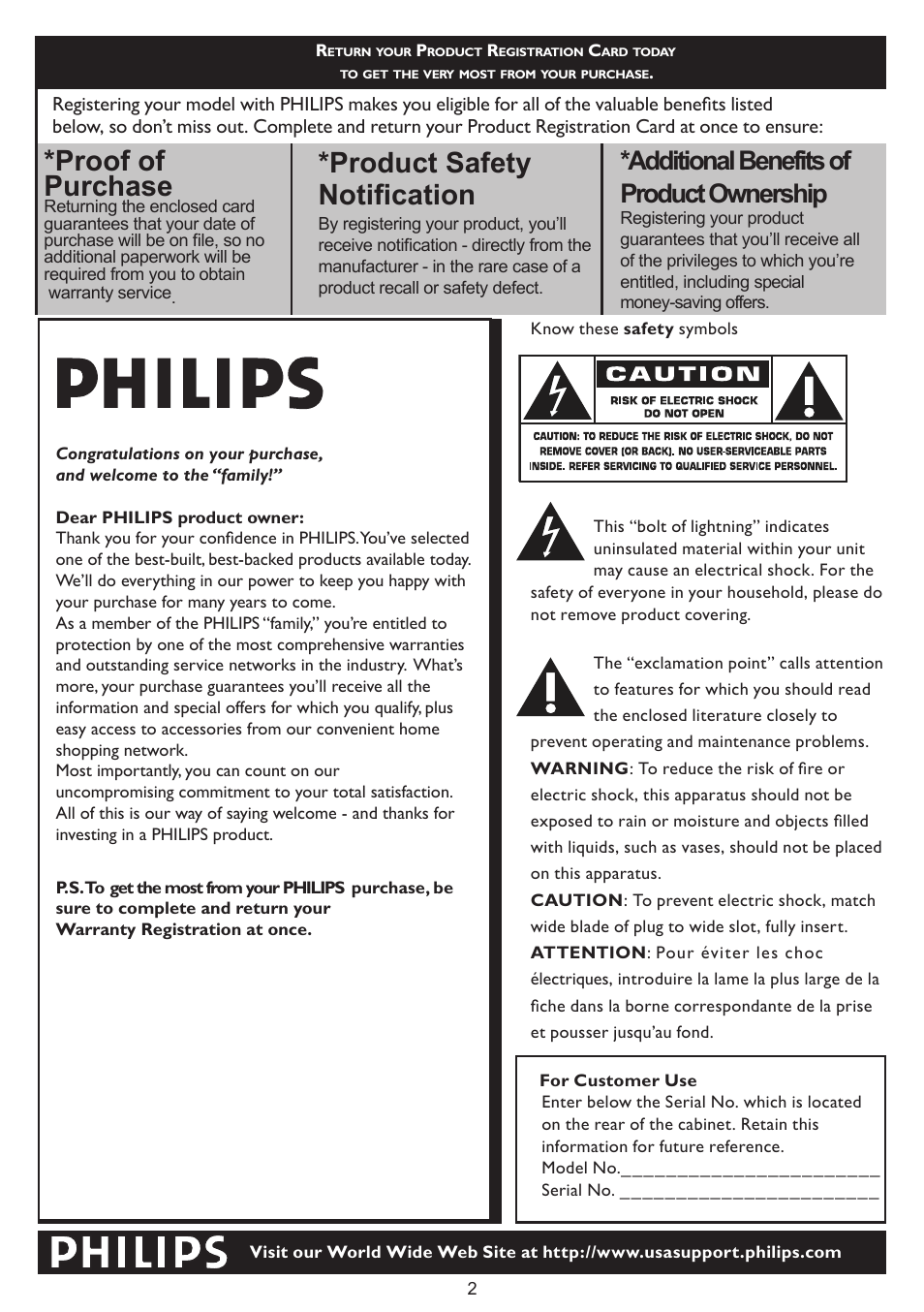 Proof of purchase, Product safety notiﬁcation, Additional benefits of product ownership | Philips 23PF5320-28 User Manual | Page 2 / 35