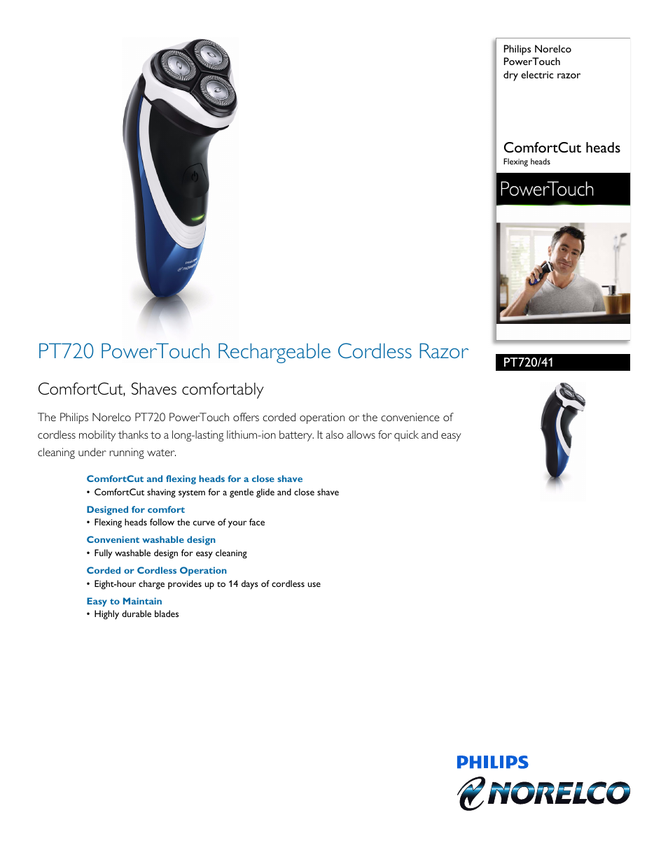 Philips Norelco PowerTouch dry electric razor PT720-41 ComfortCut heads Flexing heads User Manual | 2 pages