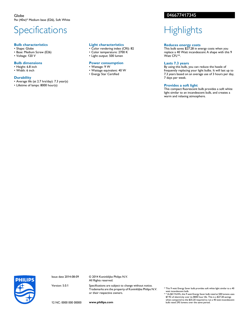 Specifications, Highlights | Philips Energy Saver Globe 046677417345 9w 40w* Medium base E26 Soft White User Manual | Page 2 / 2