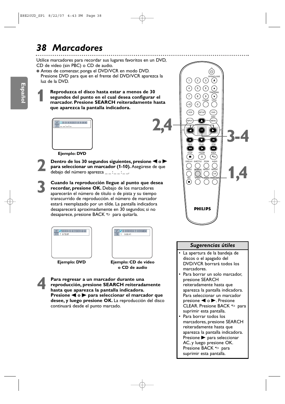 38 marcadores, Español, Sugerencias útiles | Philips DVP3345V-17 User Manual | Page 100 / 126