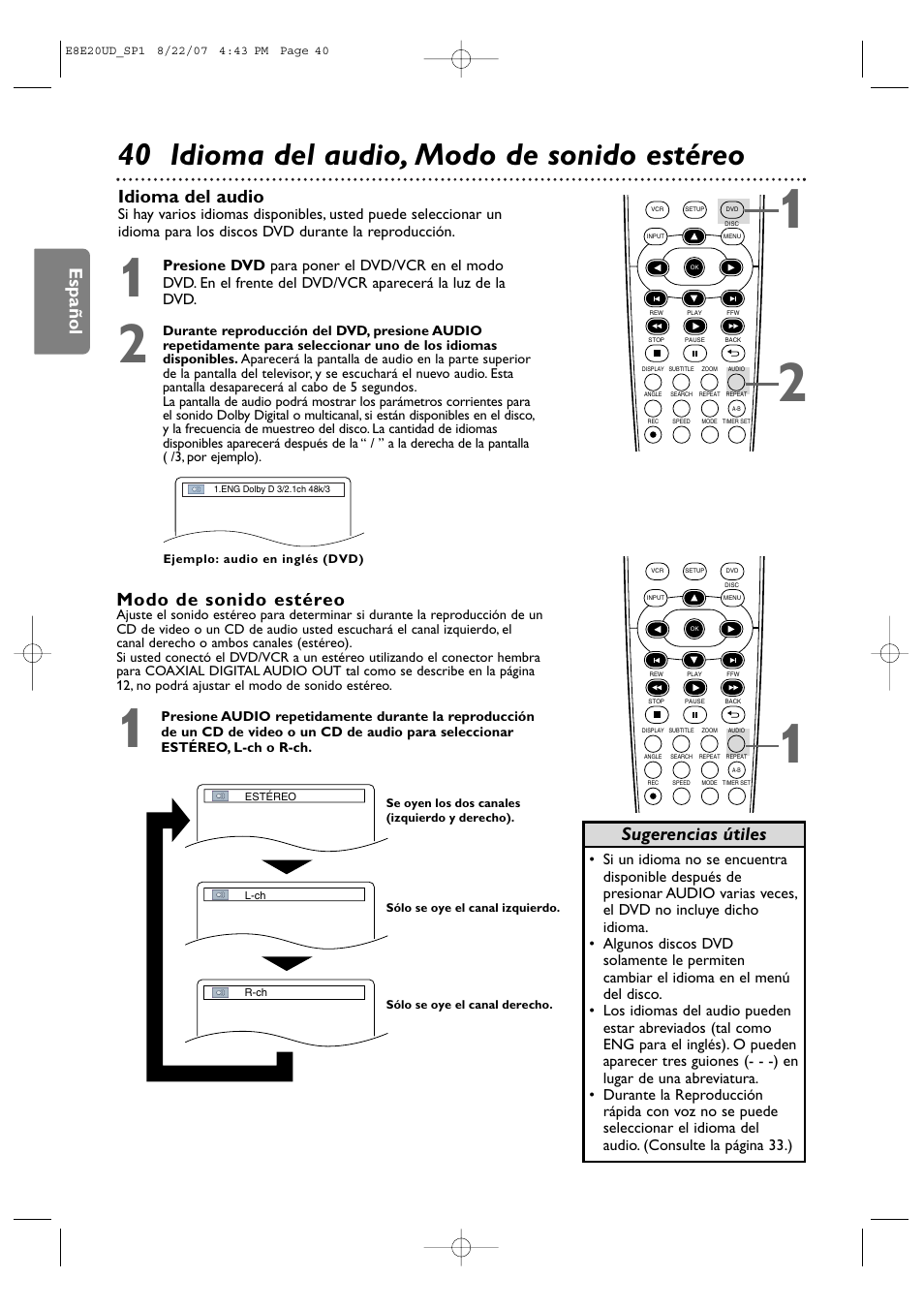 40 idioma del audio, modo de sonido estéreo, Español, Idioma del audio | Sugerencias útiles, Modo de sonido estéreo | Philips DVP3345V-17 User Manual | Page 102 / 126