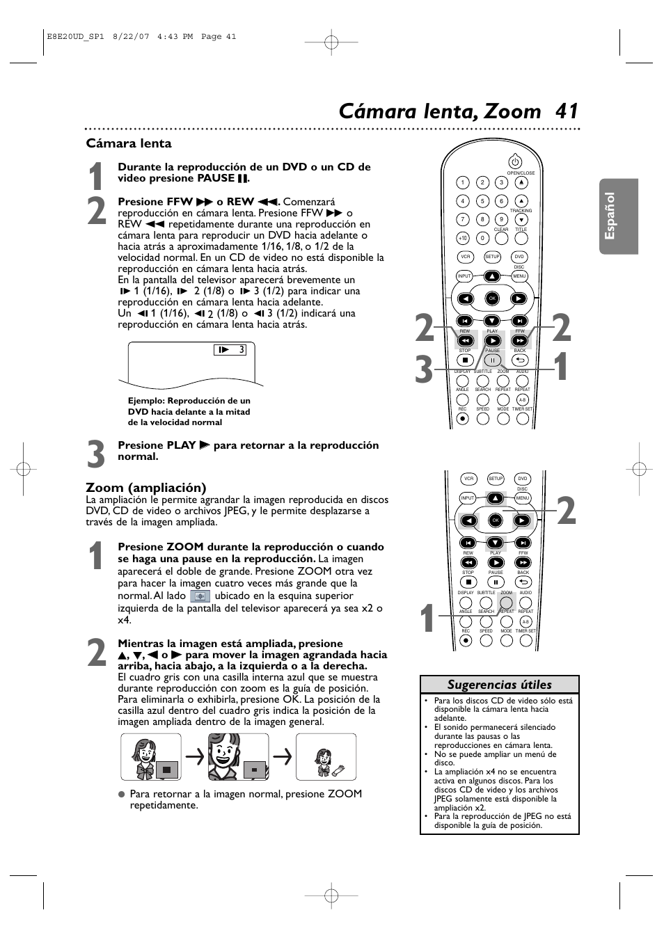 Cámara lenta, zoom 41, Español, Cámara lenta | Zoom (ampliación), Sugerencias útiles | Philips DVP3345V-17 User Manual | Page 103 / 126
