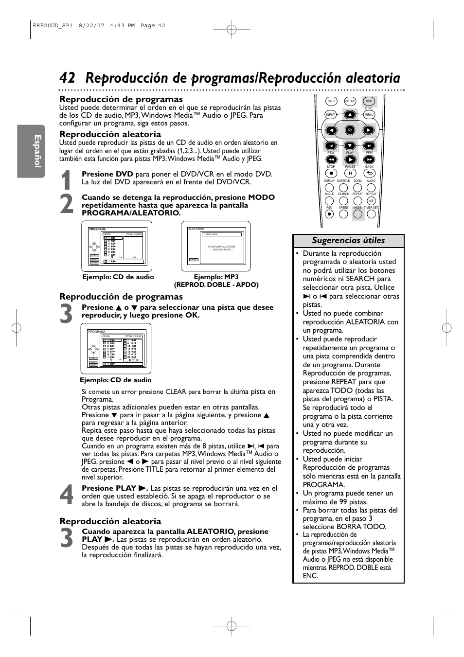 Español, Reproducción de programas, Reproducción aleatoria | Sugerencias útiles | Philips DVP3345V-17 User Manual | Page 104 / 126