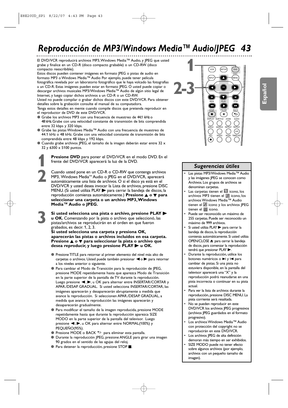 Reproducción de mp3/windows media™ audio/jpeg 43, Español, Sugerencias útiles | Philips DVP3345V-17 User Manual | Page 105 / 126