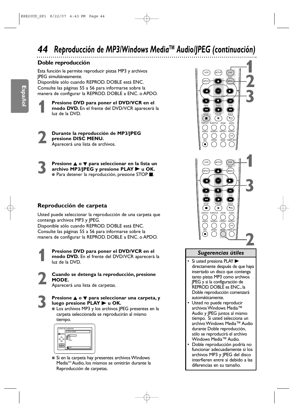 Español, Doble reproducción, Reproducción de carpeta | Sugerencias útiles | Philips DVP3345V-17 User Manual | Page 106 / 126