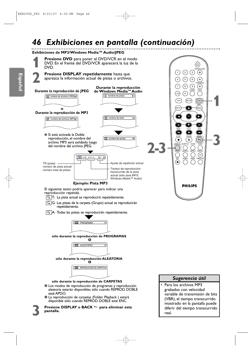 46 exhibiciones en pantalla (continuación), Español, Sugerencia útil | Philips DVP3345V-17 User Manual | Page 108 / 126