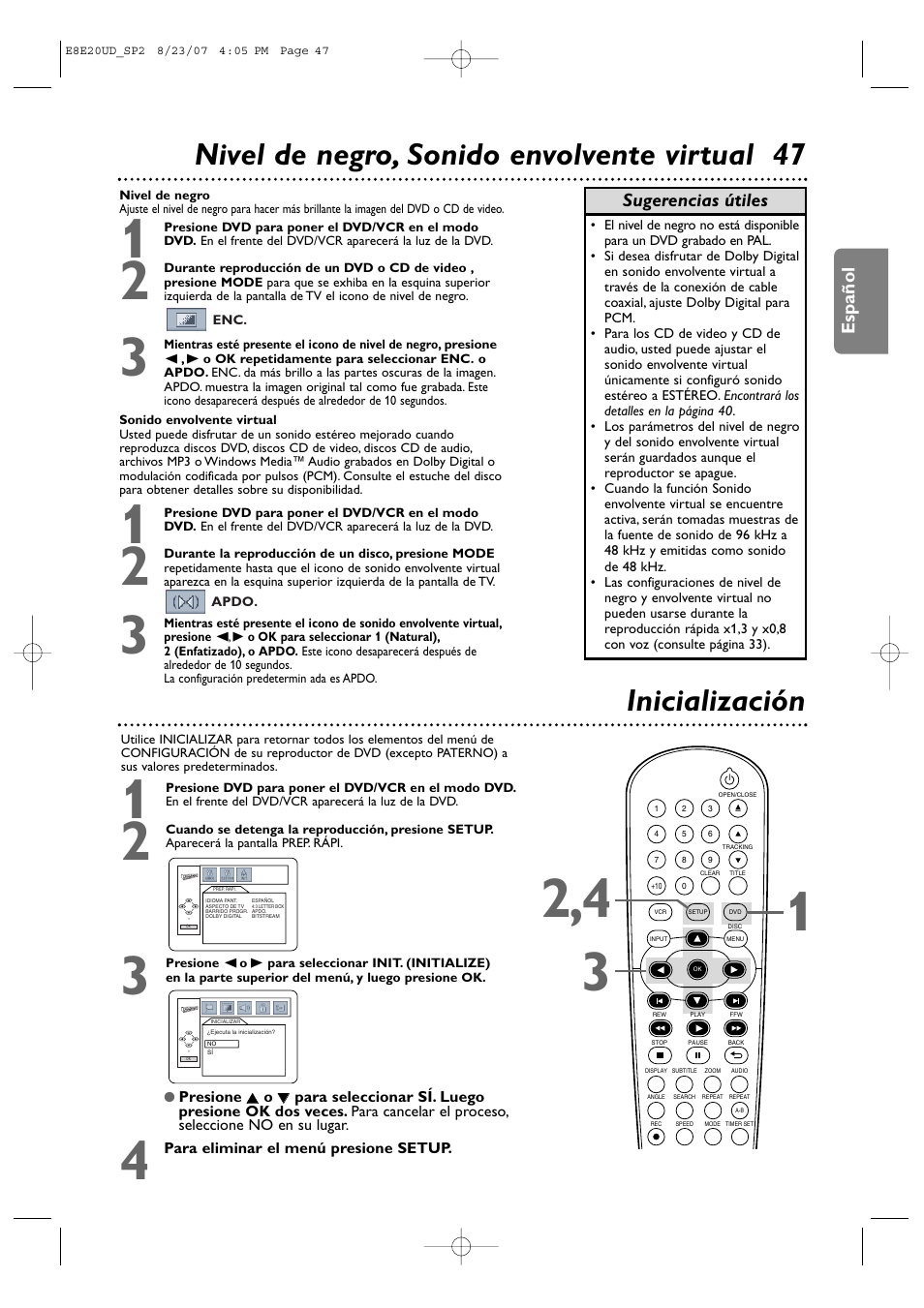 Nivel de negro, sonido envolvente virtual 47, Inicialización | Philips DVP3345V-17 User Manual | Page 109 / 126