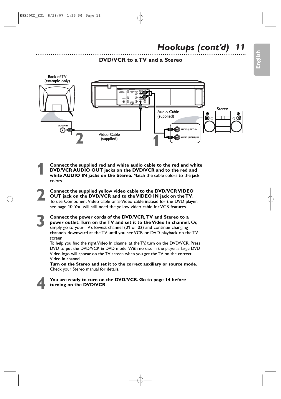 Hookups (cont’d) 11, Dvd/vcr to a tv and a stereo, English | Philips DVP3345V-17 User Manual | Page 11 / 126