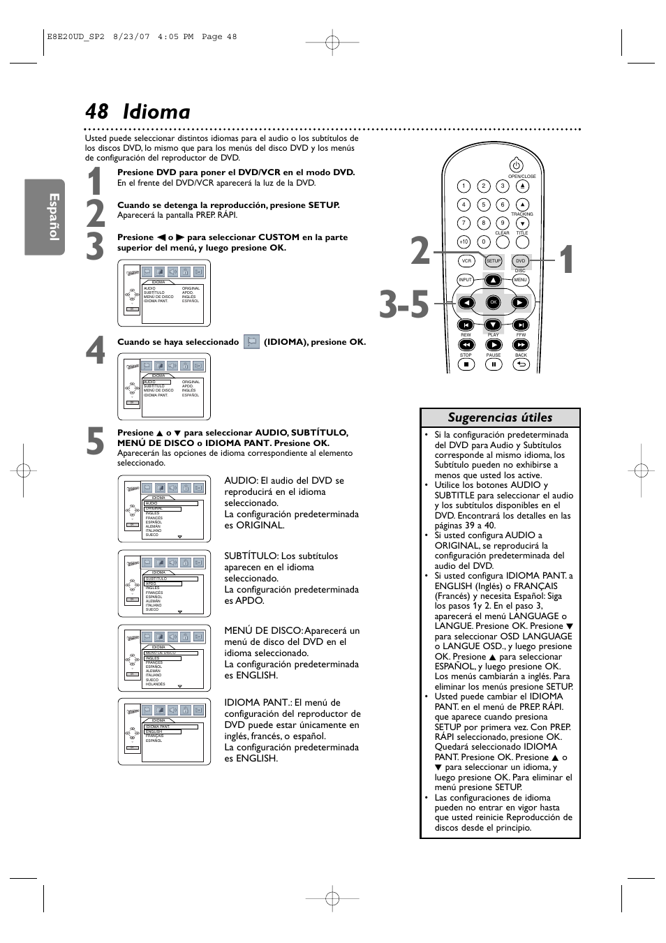 48 idioma, Español, Sugerencias útiles | Philips DVP3345V-17 User Manual | Page 110 / 126