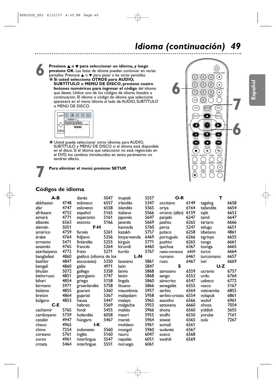 Idioma (continuación) 49, Español, Códigos de idioma | Philips DVP3345V-17 User Manual | Page 111 / 126