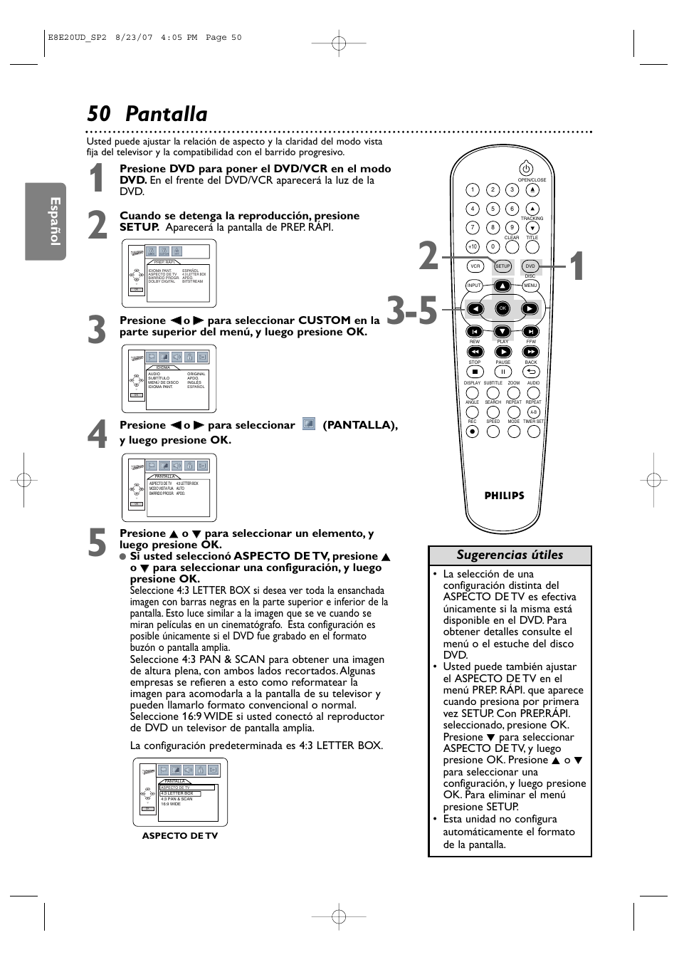 50 pantalla, Español, Sugerencias útiles | Philips DVP3345V-17 User Manual | Page 112 / 126