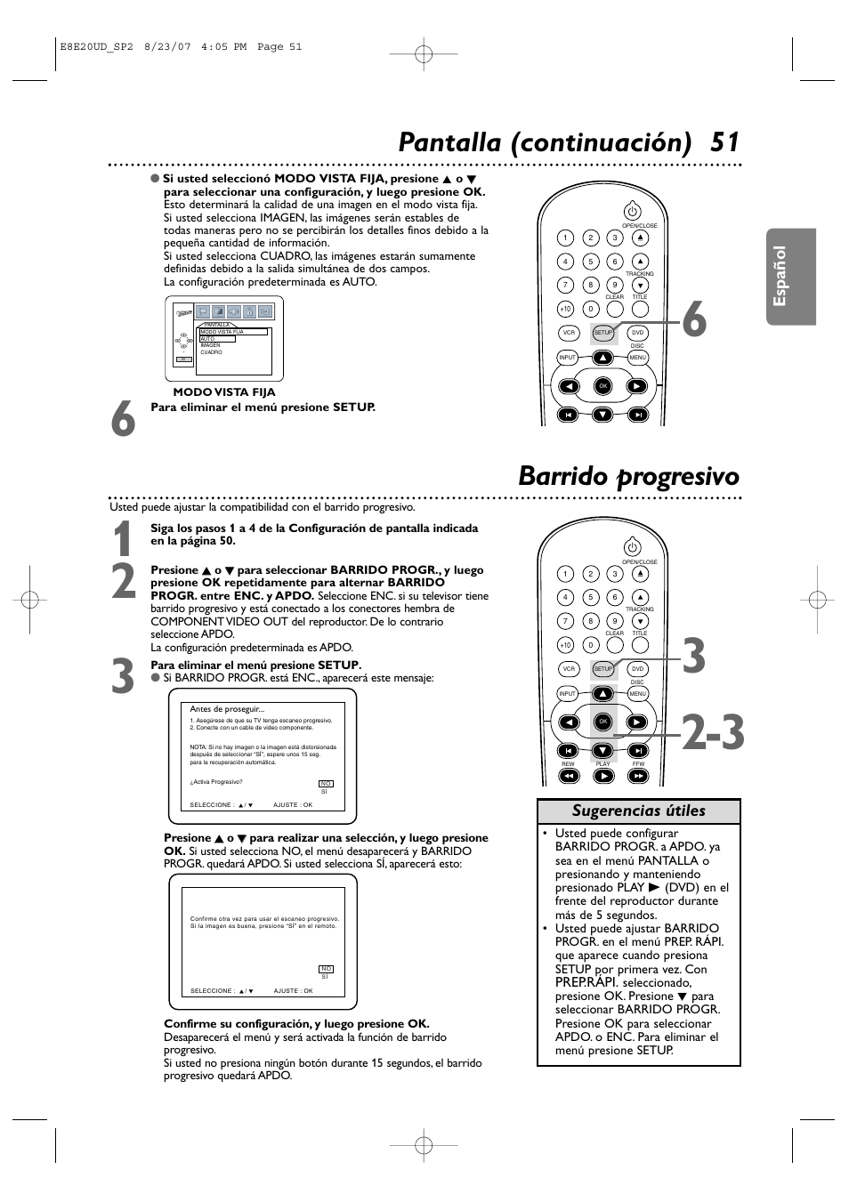 Pantalla (continuación) 51 barrido progresivo, Español, Sugerencias útiles | Philips DVP3345V-17 User Manual | Page 113 / 126