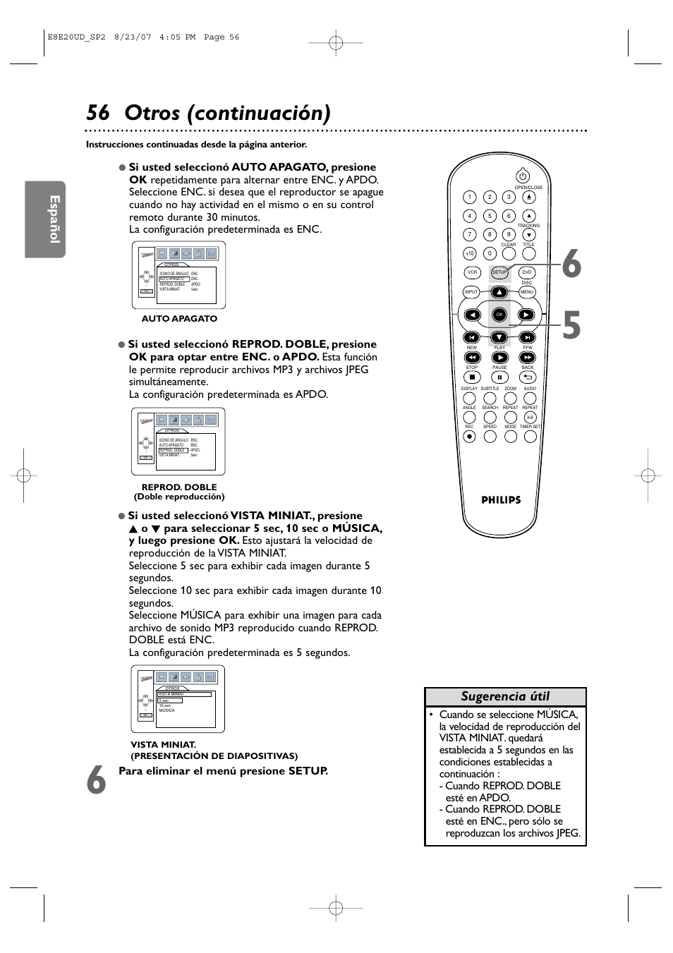56 otros (continuación), Español, Sugerencia útil | Para eliminar el menú presione setup | Philips DVP3345V-17 User Manual | Page 118 / 126