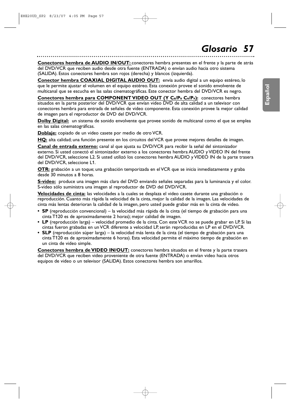 Glosario 57, Español | Philips DVP3345V-17 User Manual | Page 119 / 126
