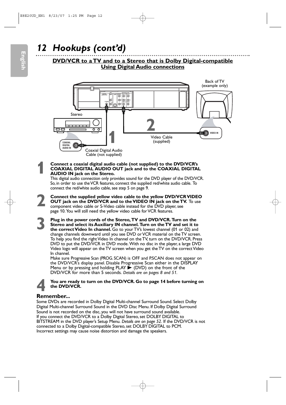 12 hookups (cont’d), English, Remember | Philips DVP3345V-17 User Manual | Page 12 / 126