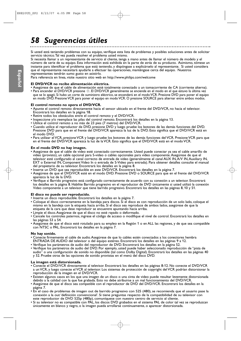 58 sugerencias útiles, Español | Philips DVP3345V-17 User Manual | Page 120 / 126