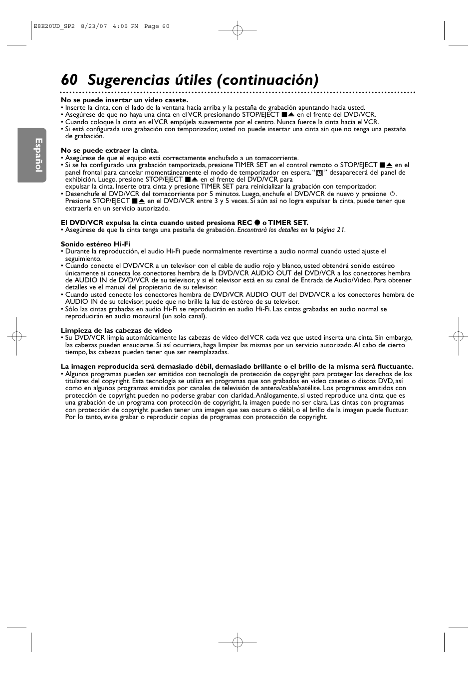 60 sugerencias útiles (continuación), Español | Philips DVP3345V-17 User Manual | Page 122 / 126