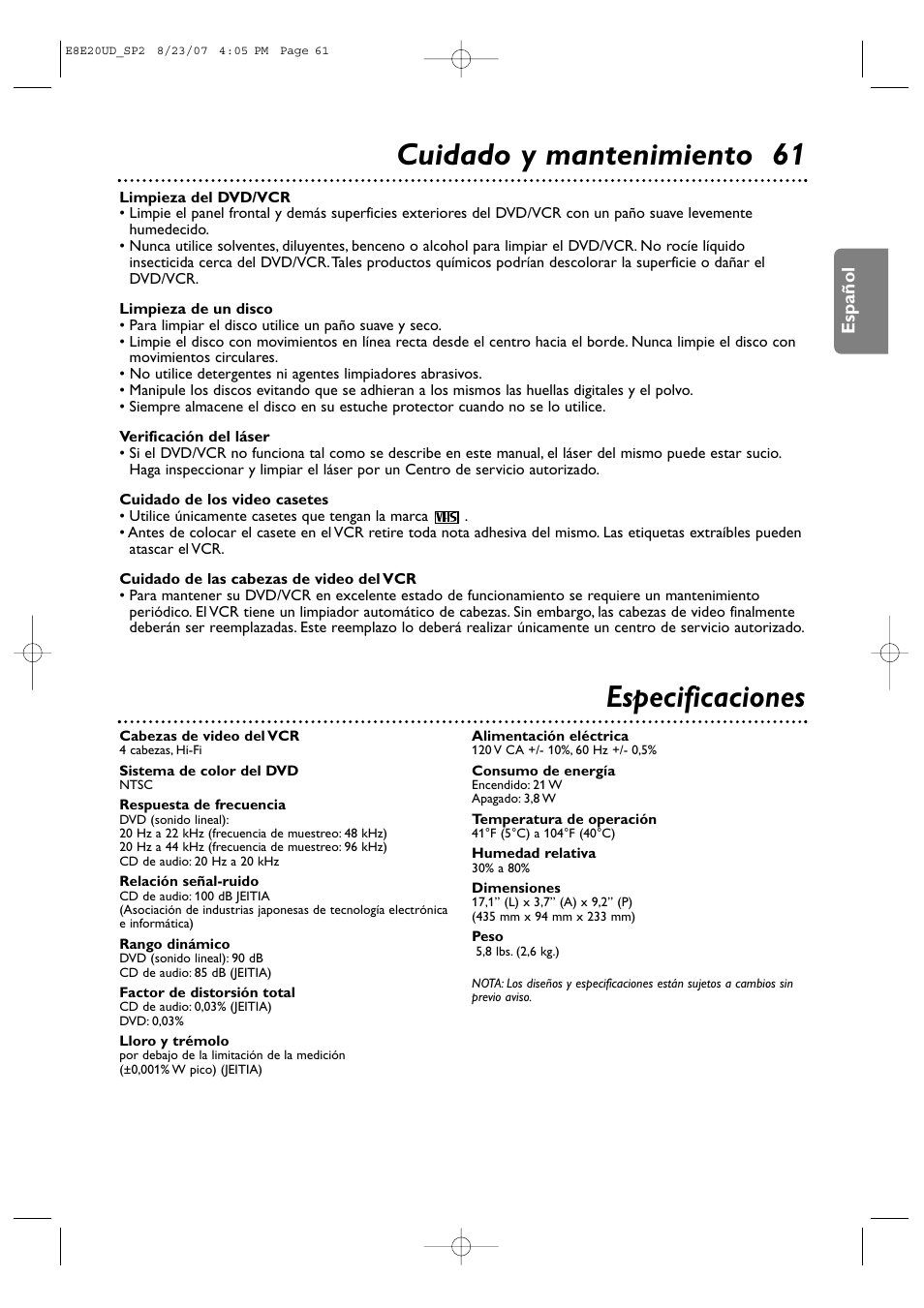 Cuidado y mantenimiento 61, Especificaciones | Philips DVP3345V-17 User Manual | Page 123 / 126