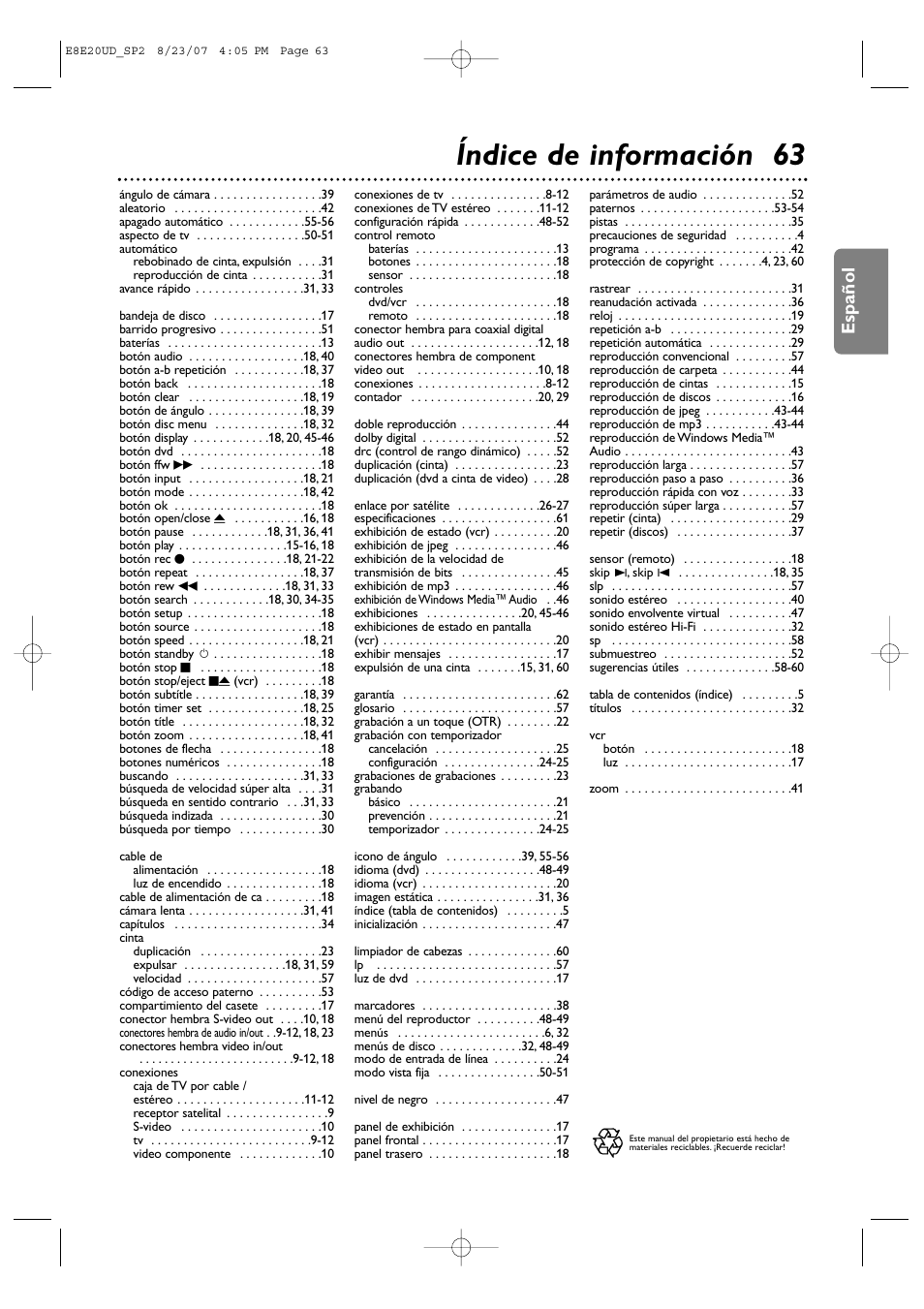 Índice de información 63, Español | Philips DVP3345V-17 User Manual | Page 125 / 126