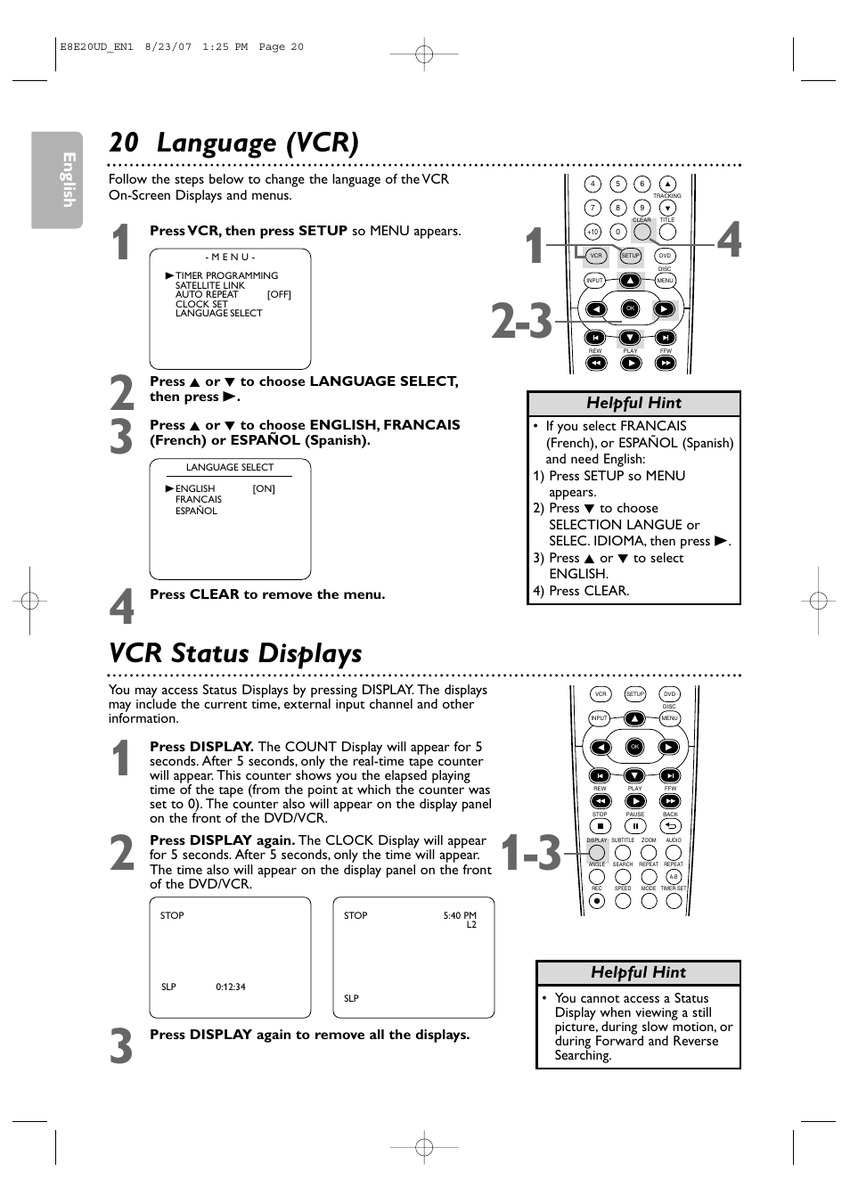 20 language (vcr), Vcr status displays | Philips DVP3345V-17 User Manual | Page 20 / 126