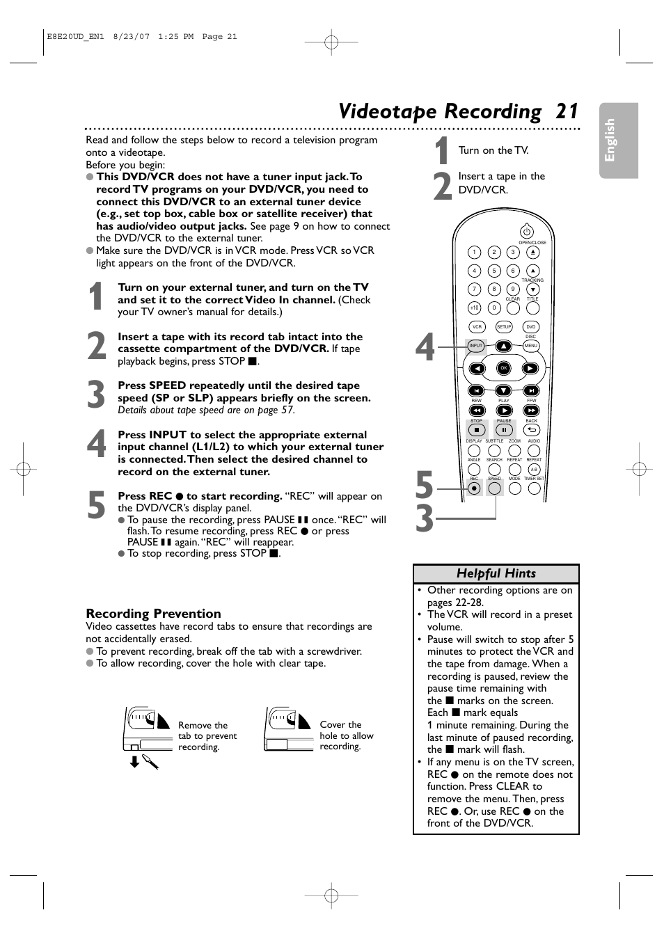 Videotape recording 21 | Philips DVP3345V-17 User Manual | Page 21 / 126